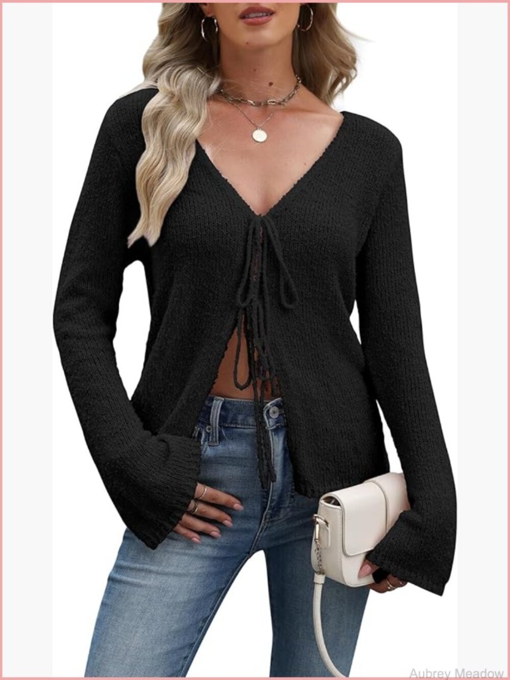 Tie Front Cardigan Bell Long Sleeve V Neck Knit Bow Sweater Lightweight Y2K Fall